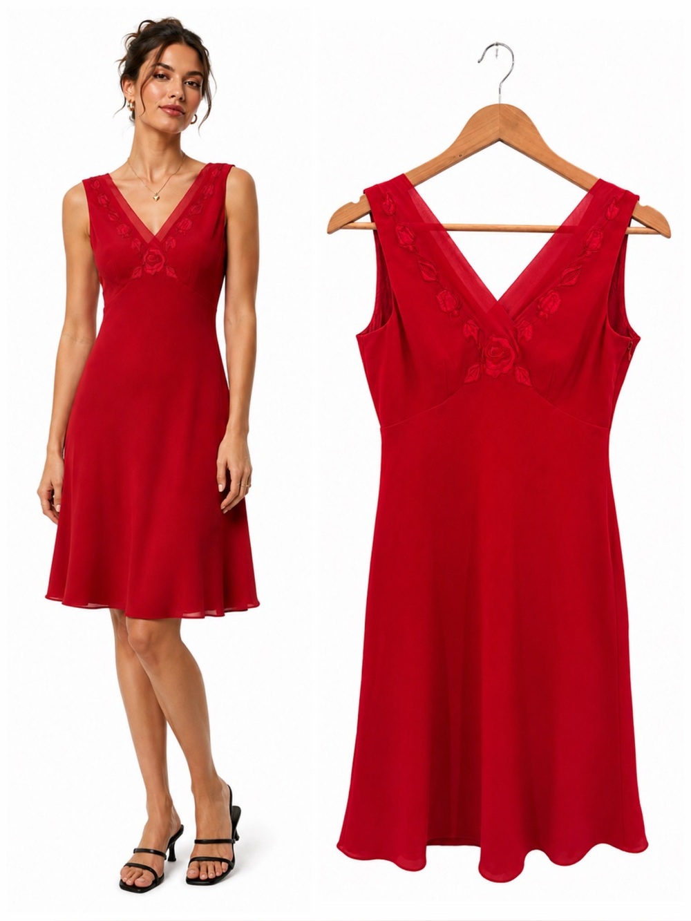 Vintage Petite Sophisticate Red Rose Embroidered Slip Dress Y2K 90s Romantic 2